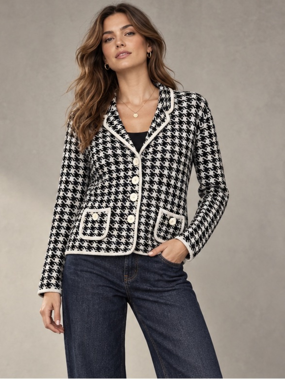 Houndstooth Knit Blazer Cardigan Black Cream Size M
